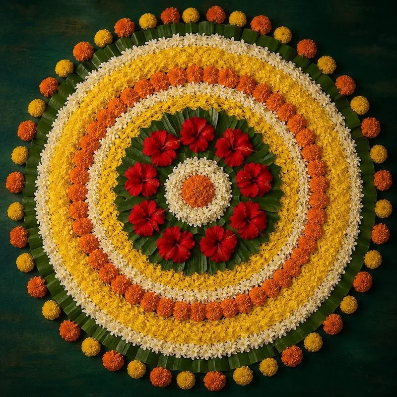 A traditional Onam pookalam flower arrangement